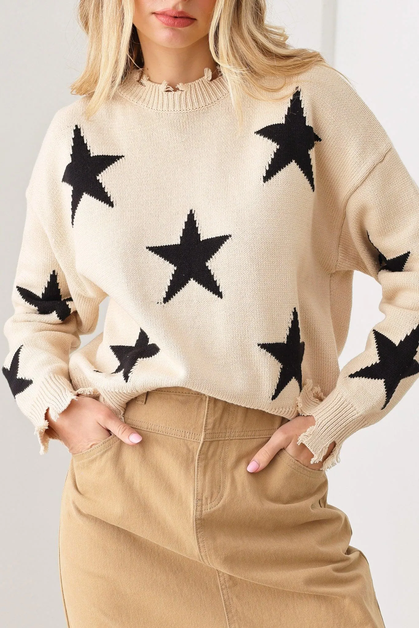 Star Printed Frayed Detail Long Sleeve Sweater