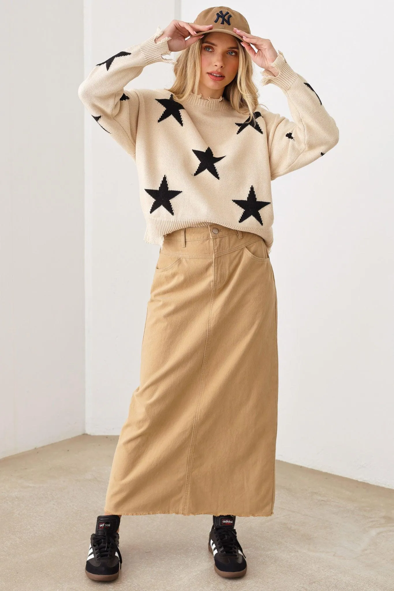 Star Printed Frayed Detail Long Sleeve Sweater