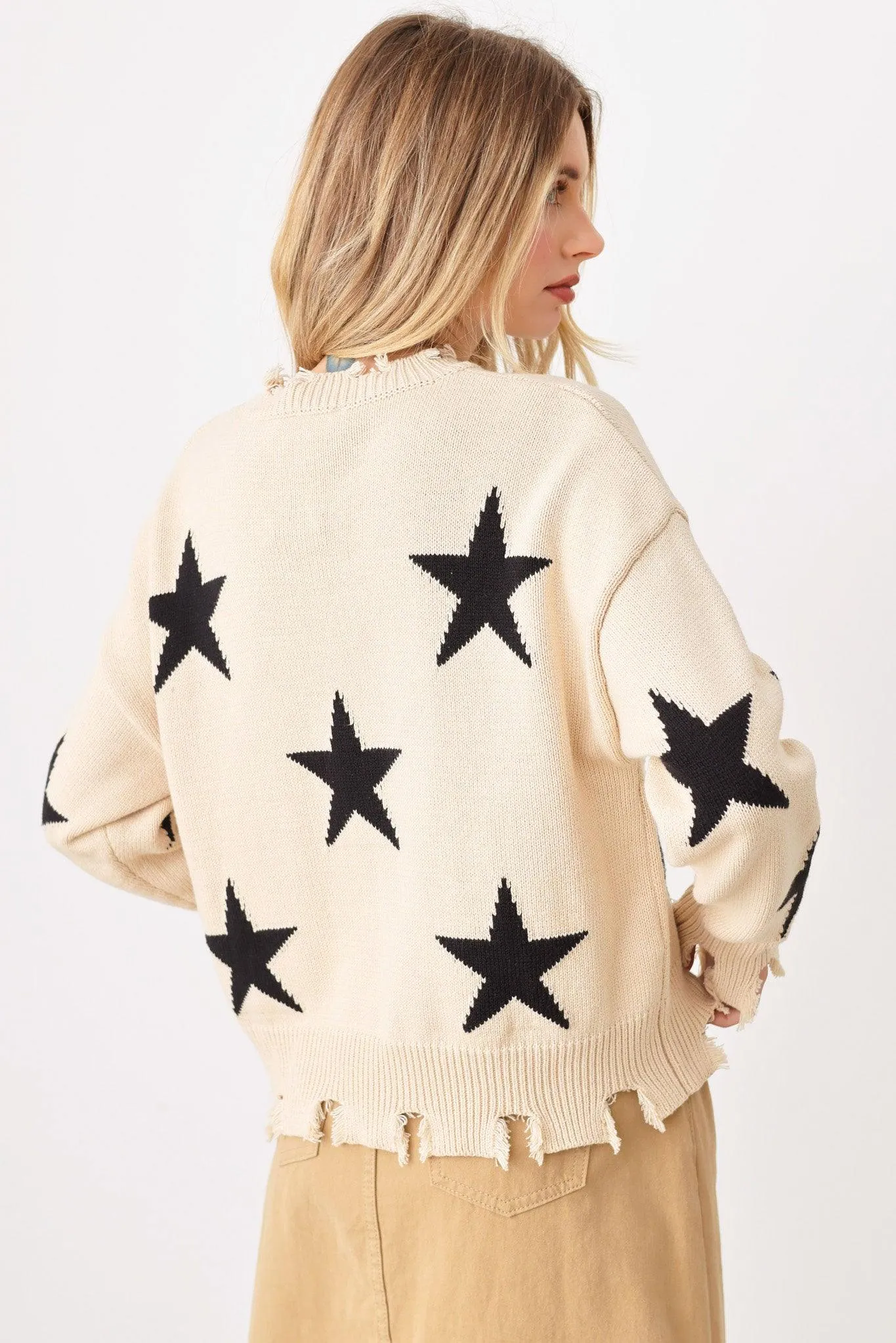 Star Printed Frayed Detail Long Sleeve Sweater
