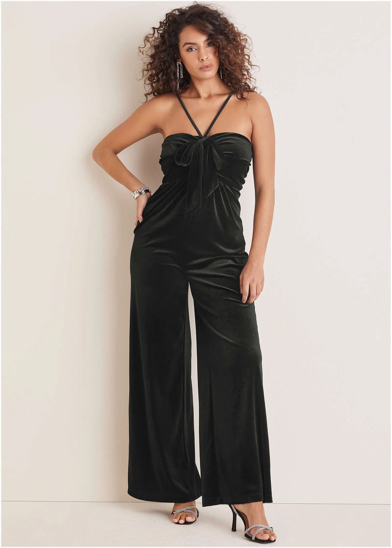 Stretch Velvet Halter Jumpsuit - Black