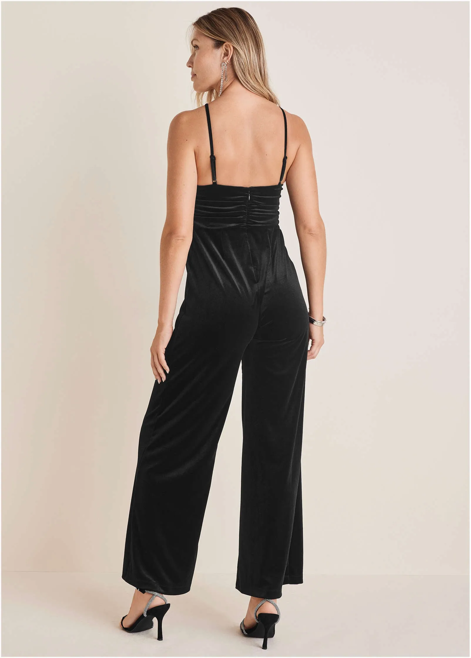 Stretch Velvet Halter Jumpsuit - Black