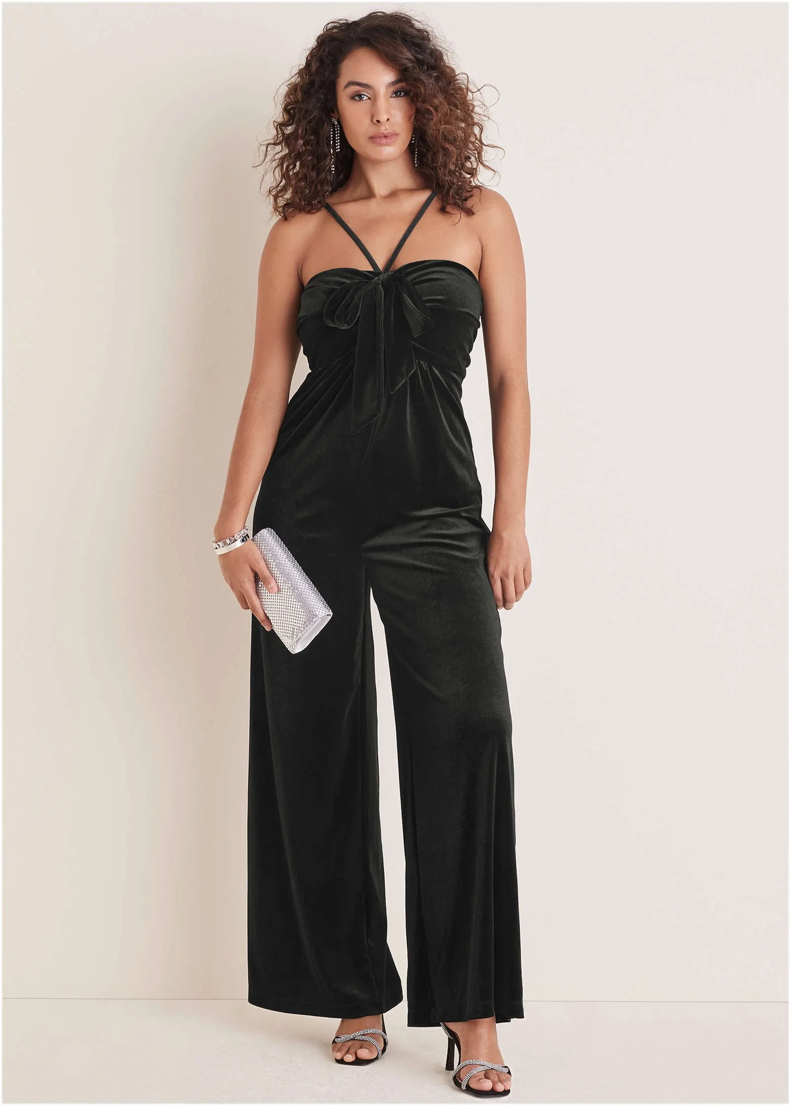 Stretch Velvet Halter Jumpsuit - Black
