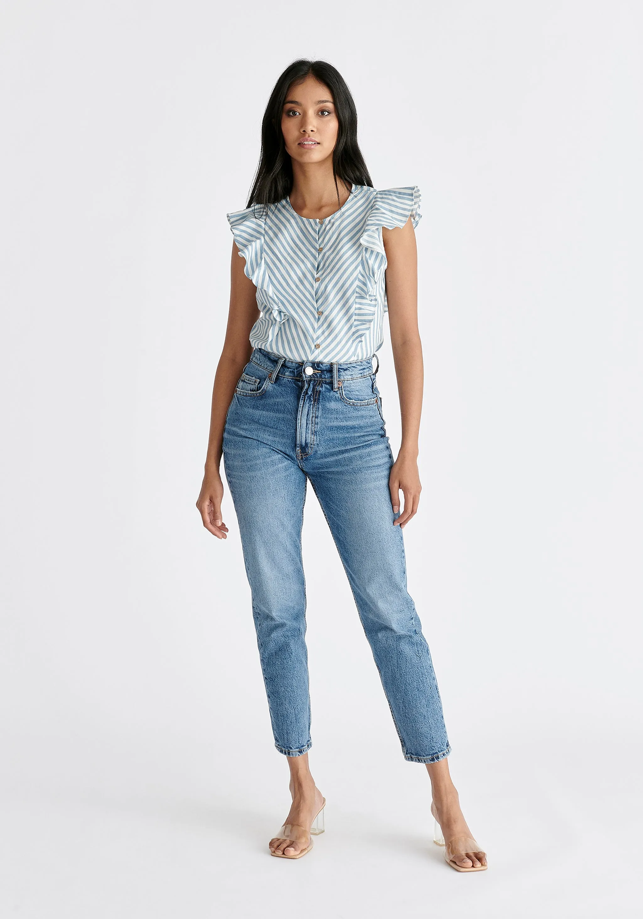 Striped Frilled Cotton Blouse