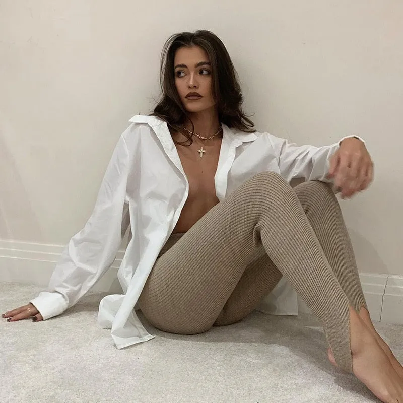 Tessa Beige Ribbed Knit Leggings