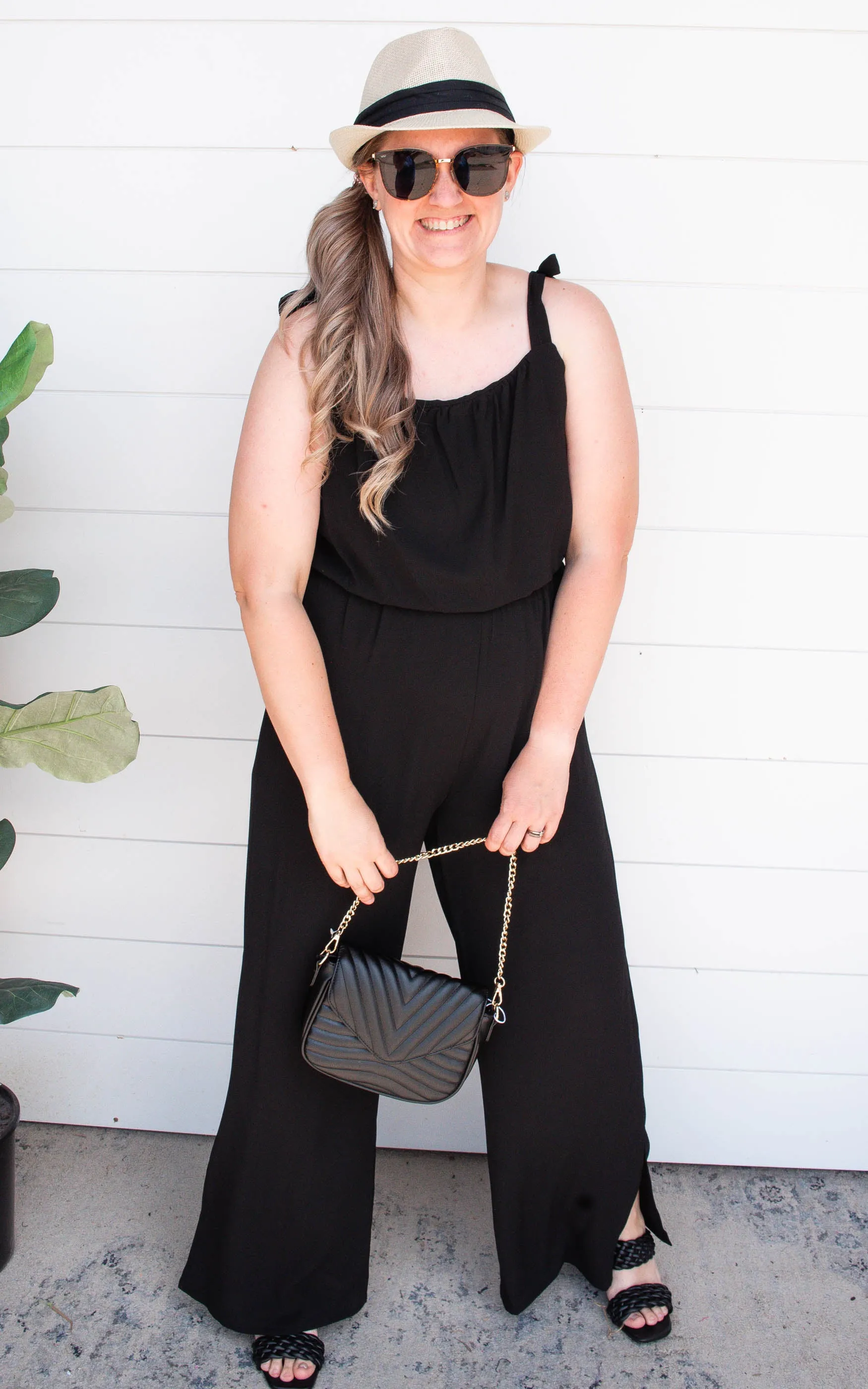 Textured Black Tie Shoulder Ruched Jumpsuit | FINAL SALE