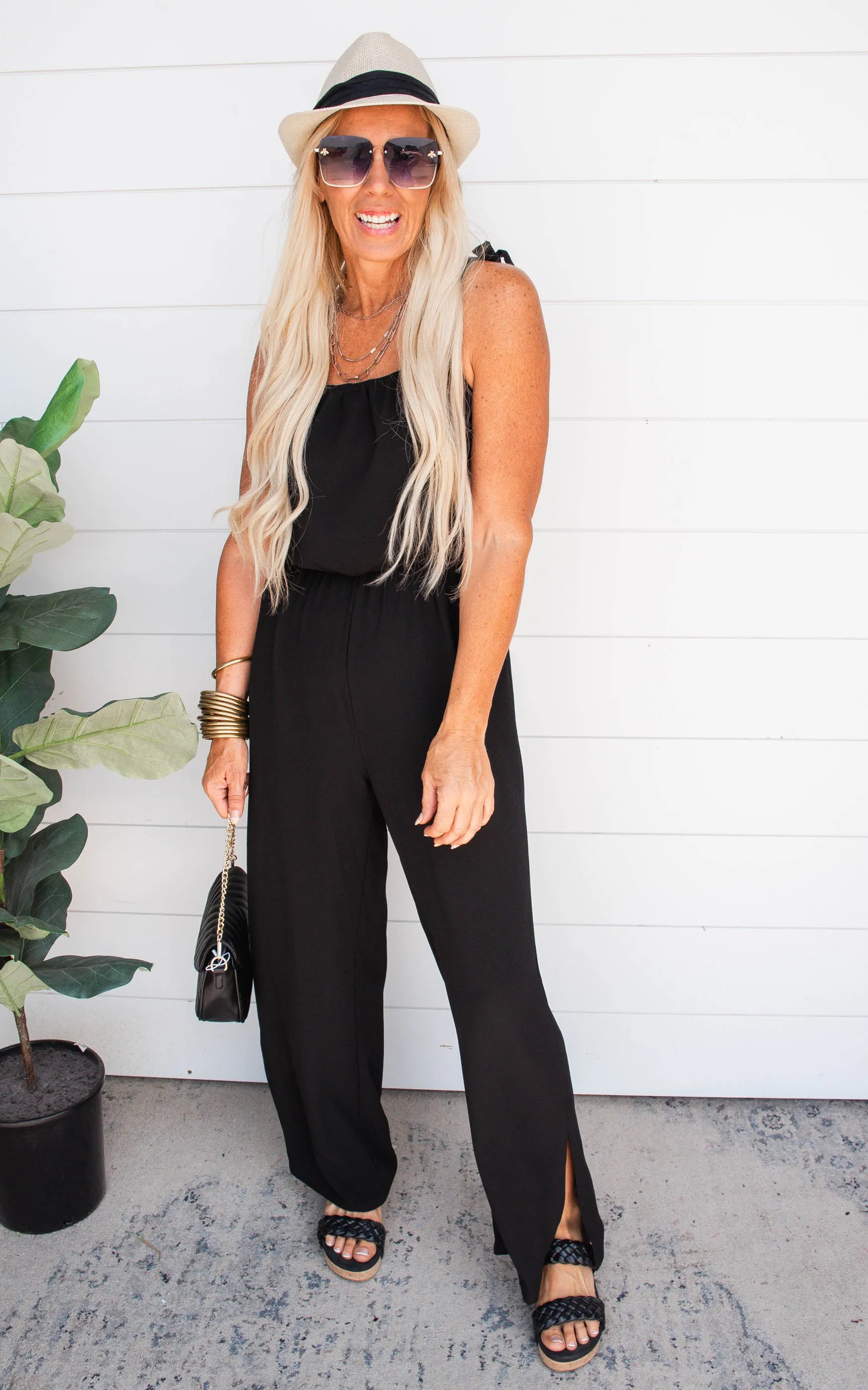 Textured Black Tie Shoulder Ruched Jumpsuit | FINAL SALE