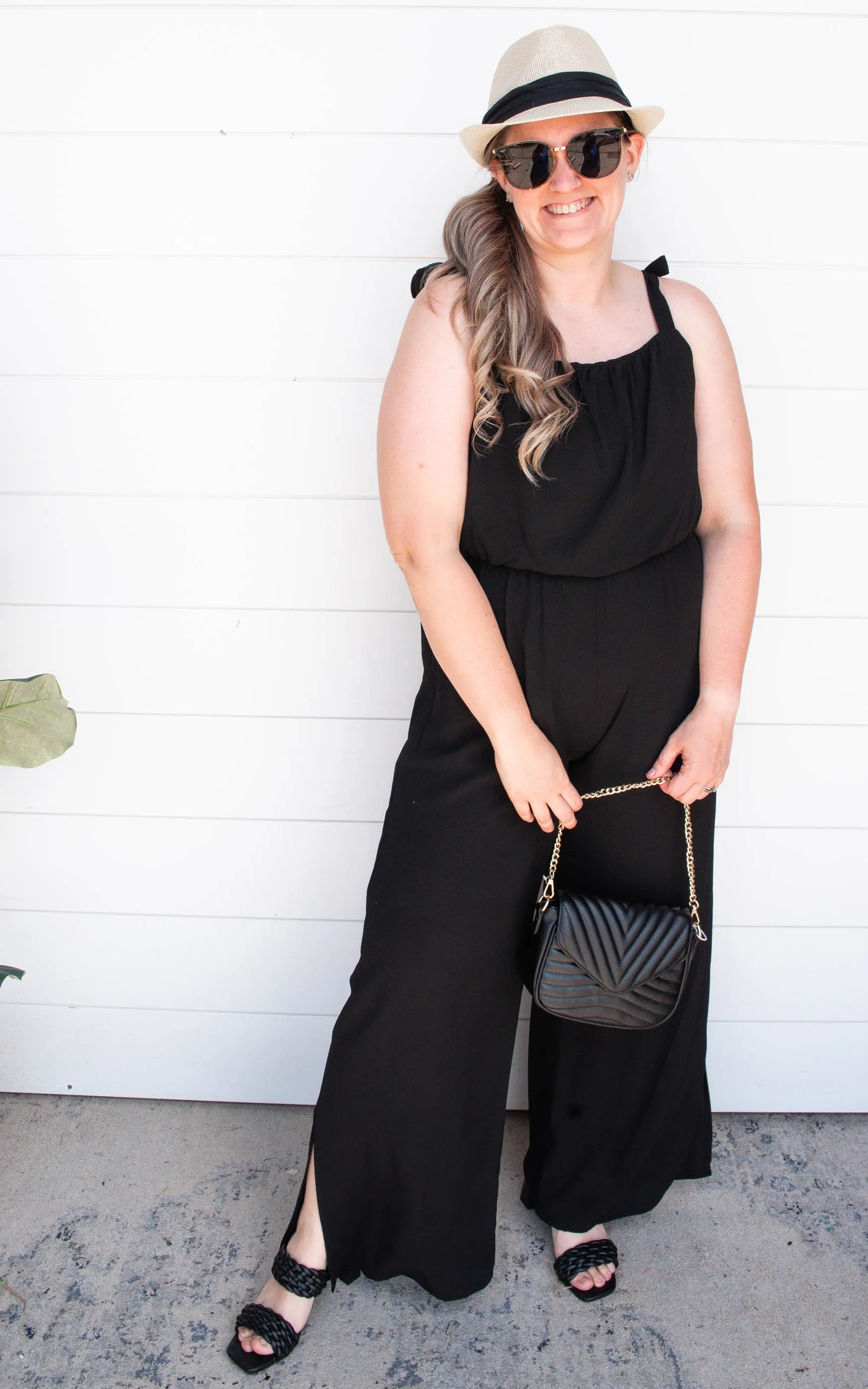 Textured Black Tie Shoulder Ruched Jumpsuit | FINAL SALE