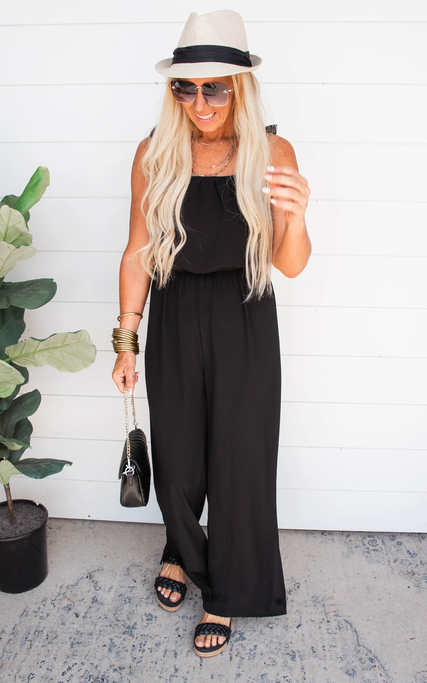 Textured Black Tie Shoulder Ruched Jumpsuit | FINAL SALE