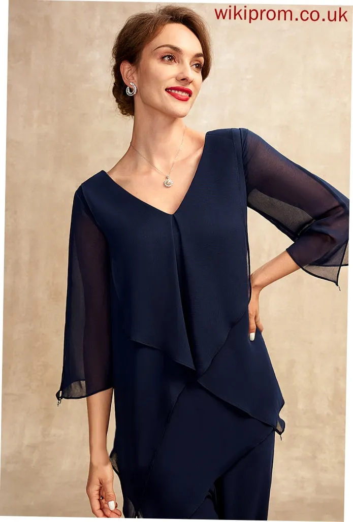 the Bride Floor-Length V-neck Chiffon Mother of the Bride Dresses of Cascading Elle Jumpsuit/Pantsuit Dress With Ruffles Mother