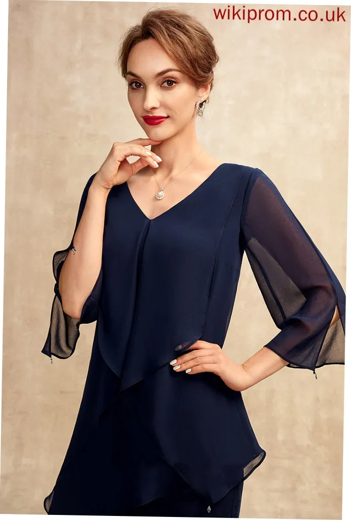 the Bride Floor-Length V-neck Chiffon Mother of the Bride Dresses of Cascading Elle Jumpsuit/Pantsuit Dress With Ruffles Mother