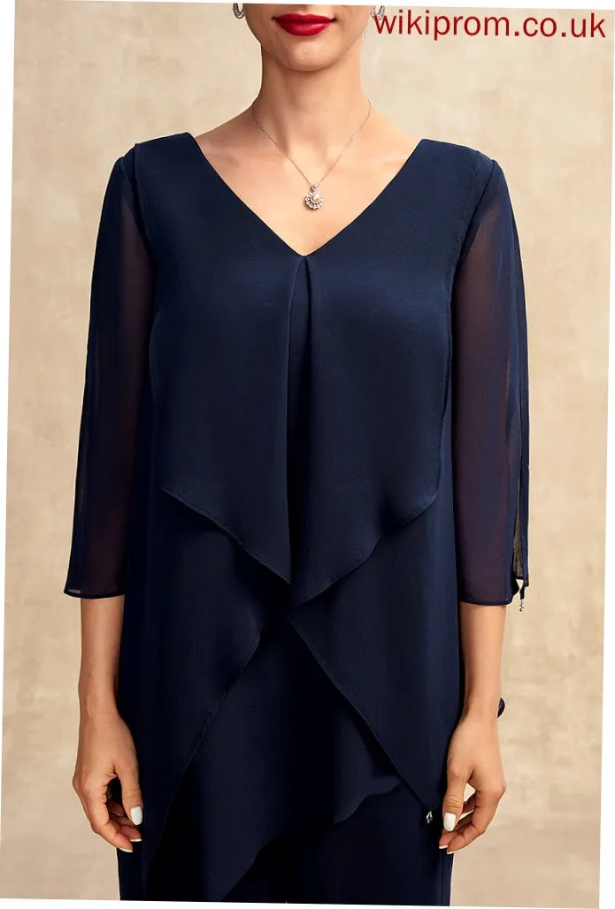 the Bride Floor-Length V-neck Chiffon Mother of the Bride Dresses of Cascading Elle Jumpsuit/Pantsuit Dress With Ruffles Mother
