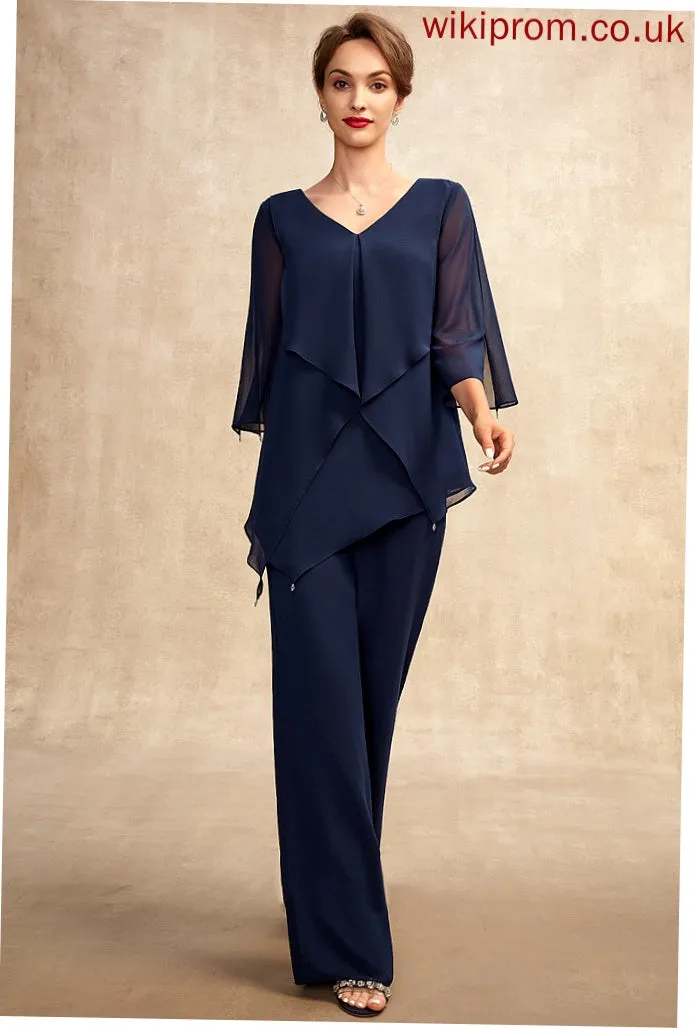 the Bride Floor-Length V-neck Chiffon Mother of the Bride Dresses of Cascading Elle Jumpsuit/Pantsuit Dress With Ruffles Mother