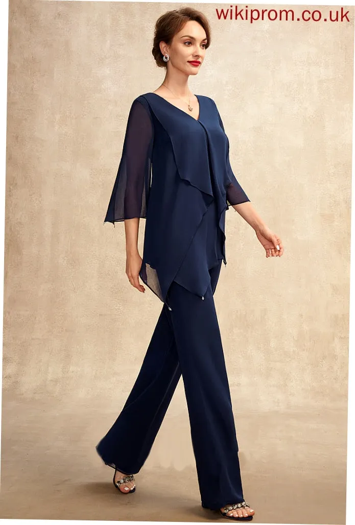 the Bride Floor-Length V-neck Chiffon Mother of the Bride Dresses of Cascading Elle Jumpsuit/Pantsuit Dress With Ruffles Mother