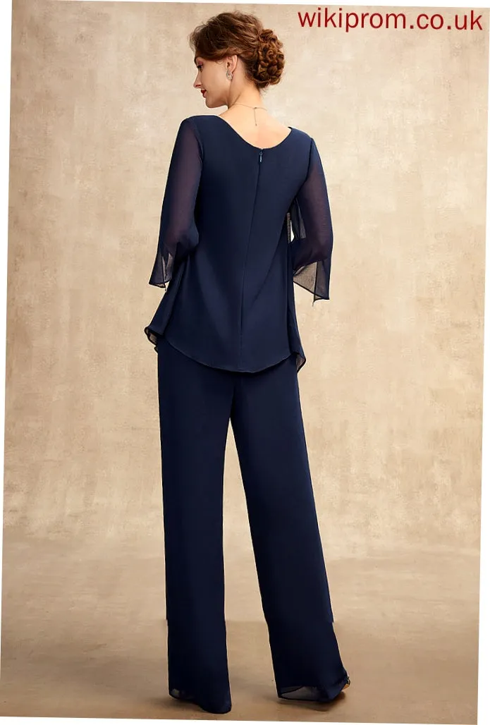 the Bride Floor-Length V-neck Chiffon Mother of the Bride Dresses of Cascading Elle Jumpsuit/Pantsuit Dress With Ruffles Mother