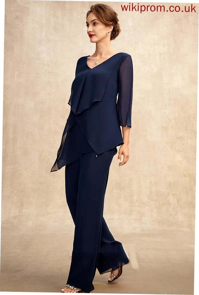 the Bride Floor-Length V-neck Chiffon Mother of the Bride Dresses of Cascading Elle Jumpsuit/Pantsuit Dress With Ruffles Mother
