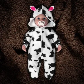 The "Farmsie" Cow Print Fleece Jumpsuit with Hood
