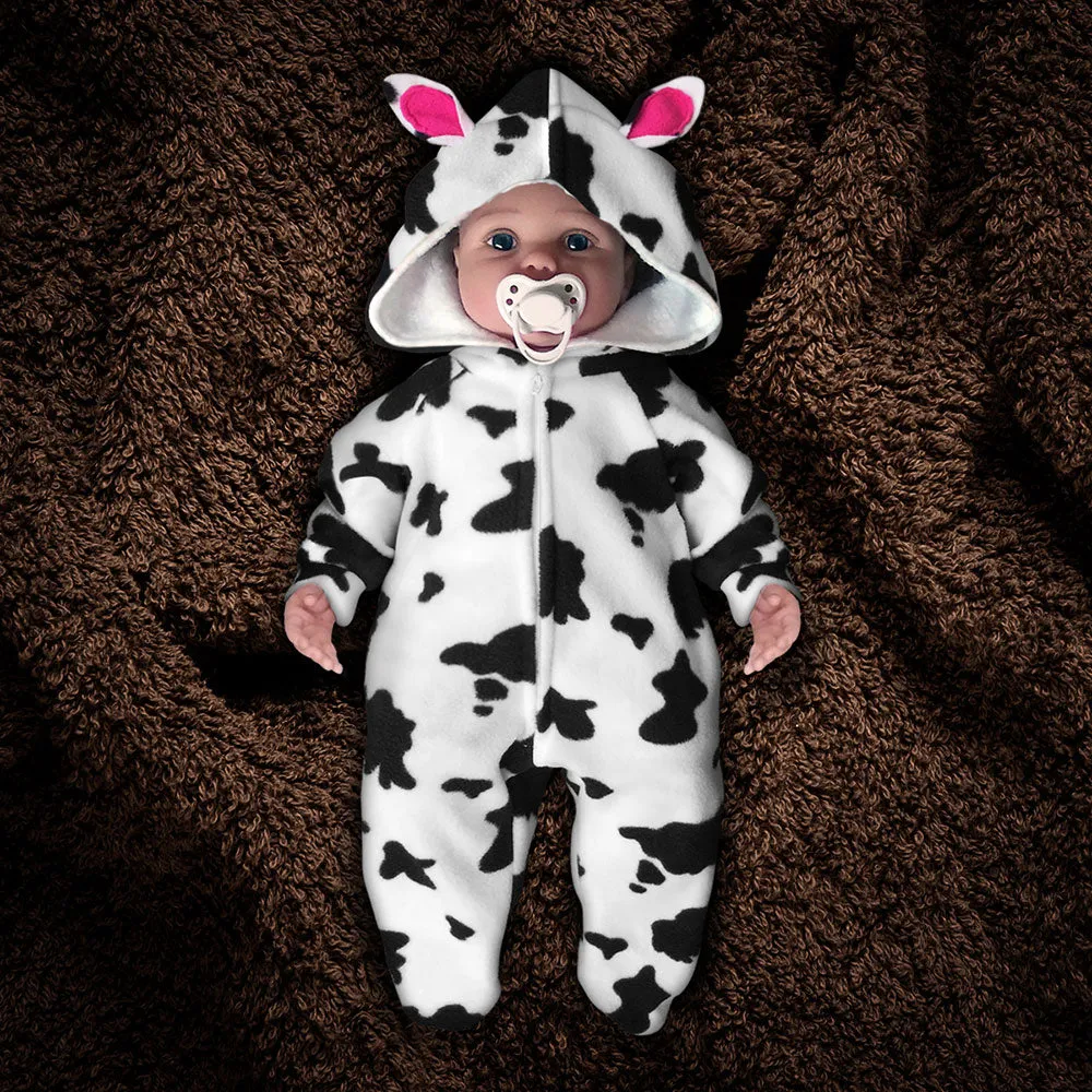 The "Farmsie" Cow Print Fleece Jumpsuit with Hood