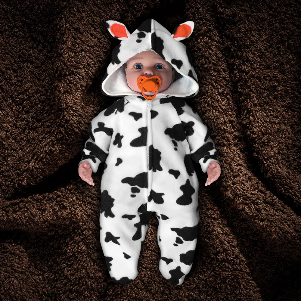 The "Farmsie" Cow Print Fleece Jumpsuit with Hood