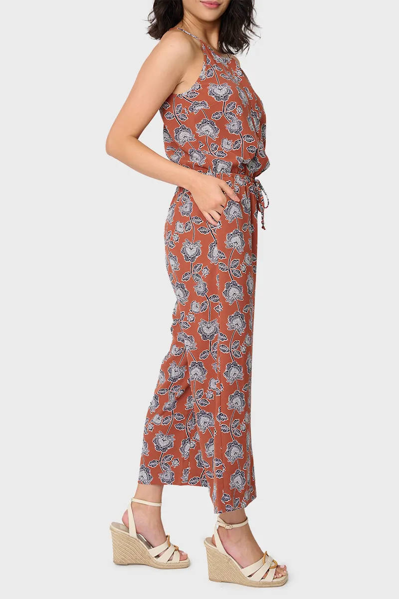 Villa Mia Toasted Cinnamon Poppy Print Henley Jumpsuit