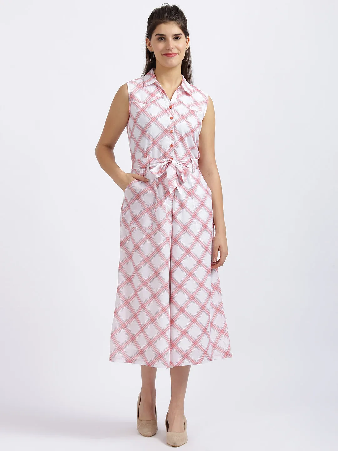 White Checkered Regular Jumpsuit