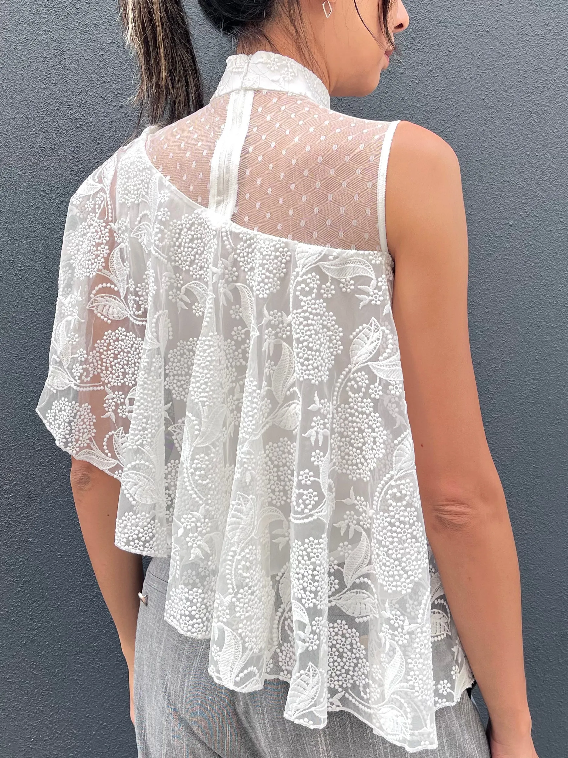 White Embroidered Mesh Drapery Asymmetric Lace Top