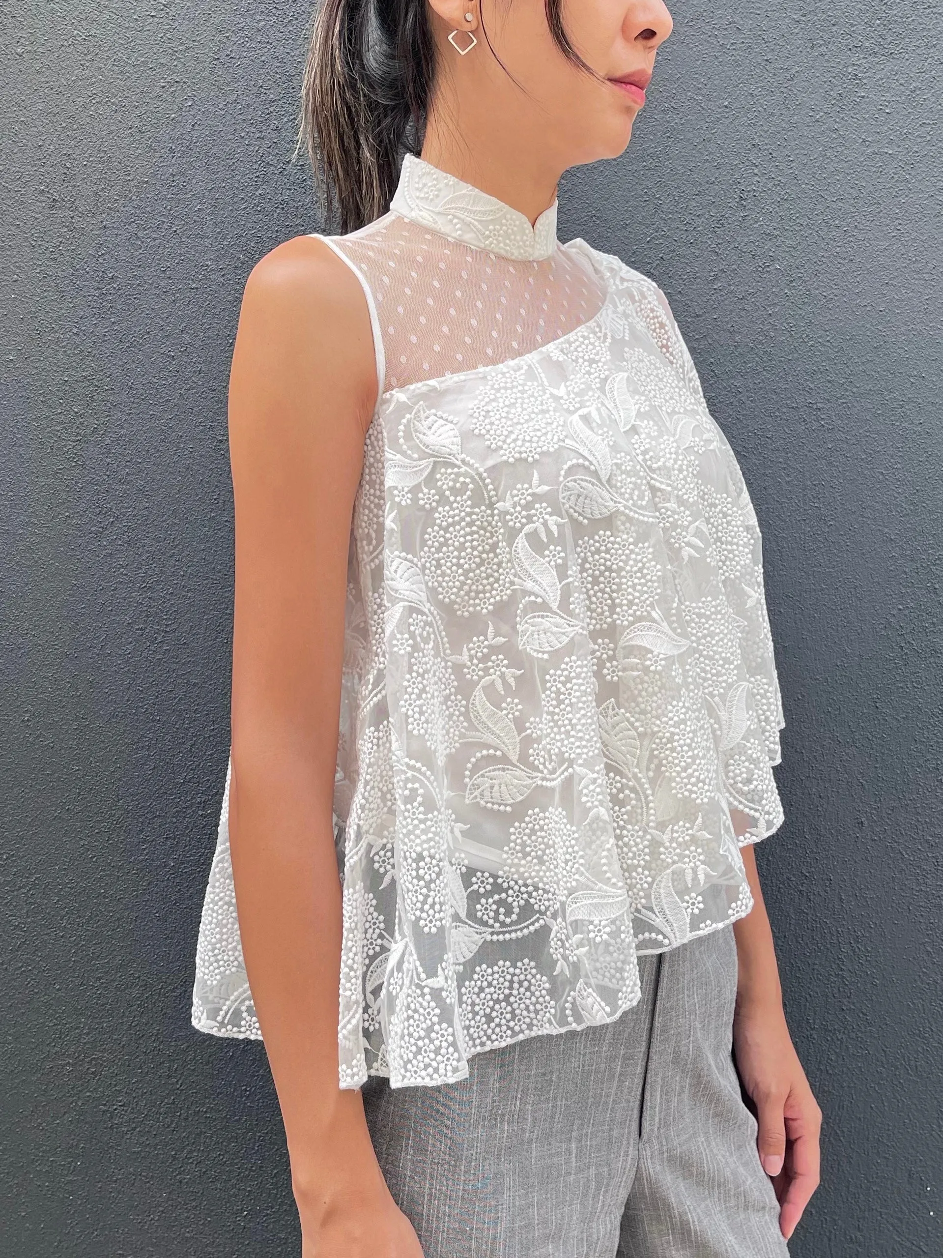 White Embroidered Mesh Drapery Asymmetric Lace Top