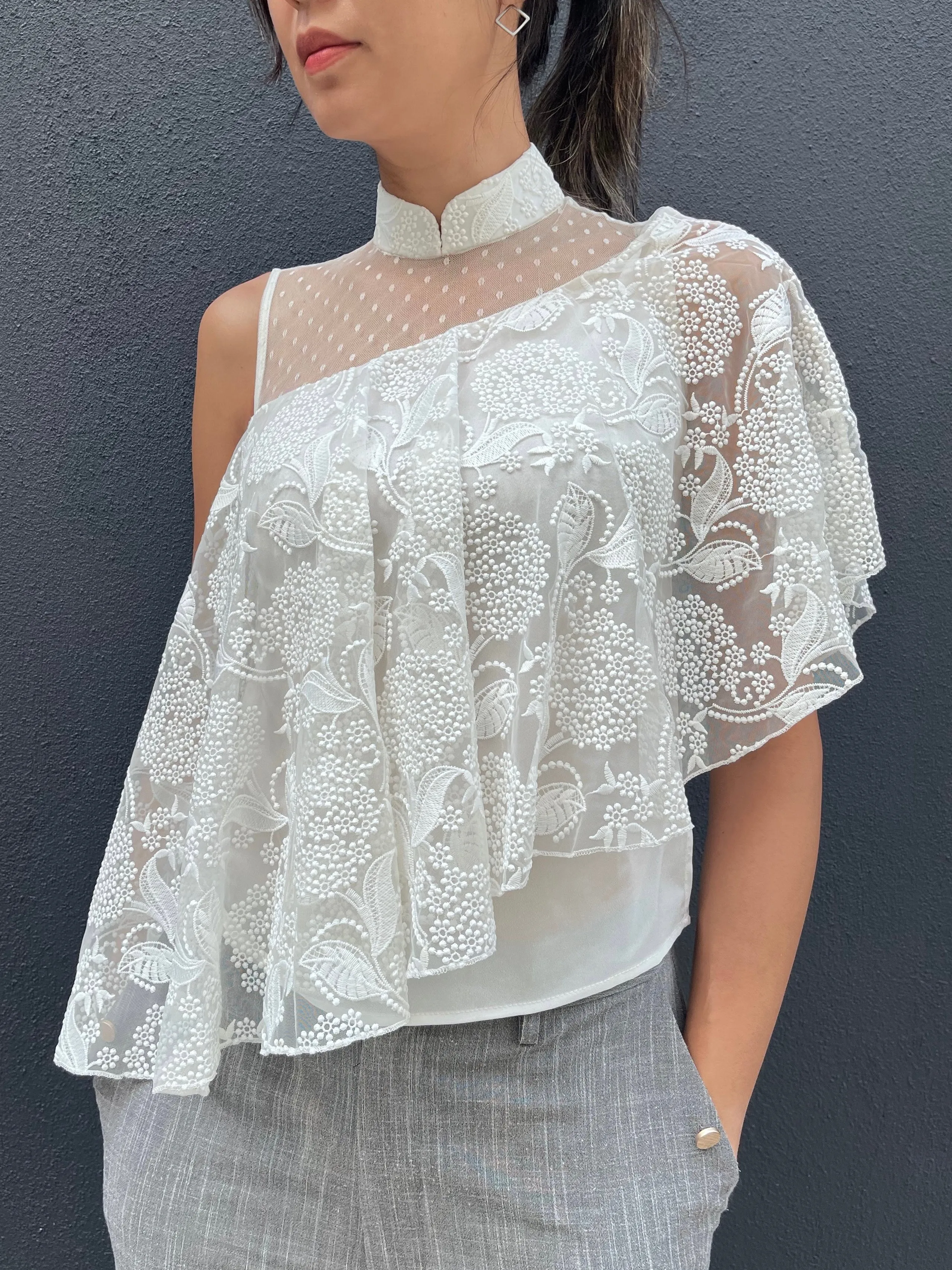 White Embroidered Mesh Drapery Asymmetric Lace Top
