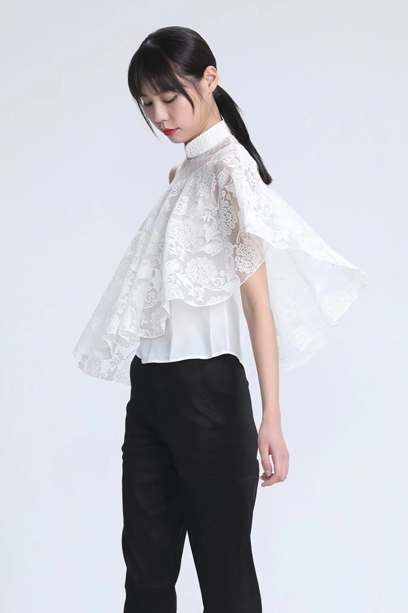 White Embroidered Mesh Drapery Asymmetric Lace Top