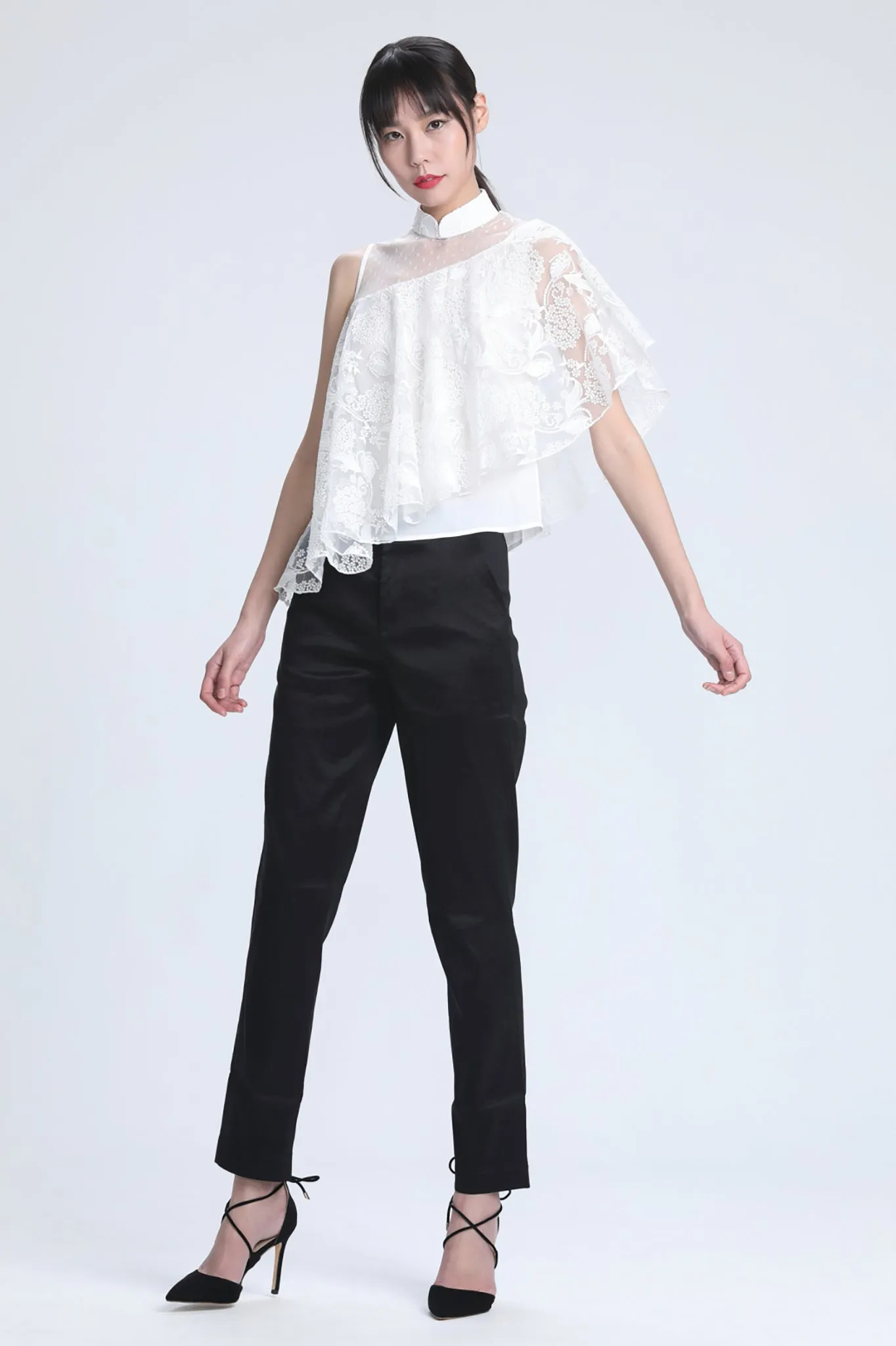 White Embroidered Mesh Drapery Asymmetric Lace Top