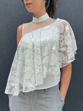 White Embroidered Mesh Drapery Asymmetric Lace Top