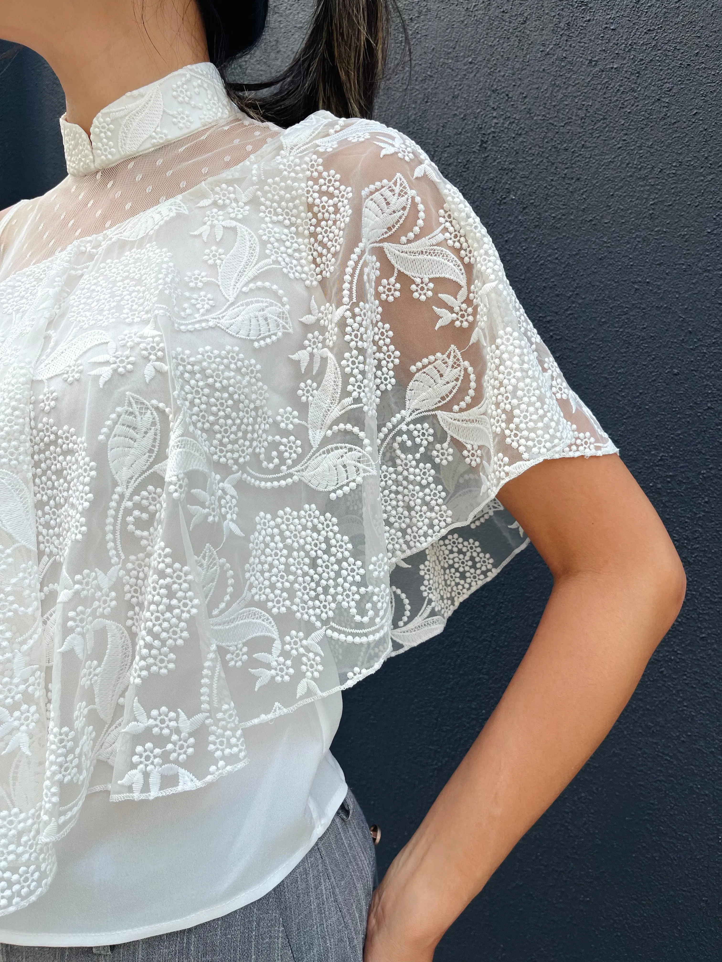 White Embroidered Mesh Drapery Asymmetric Lace Top