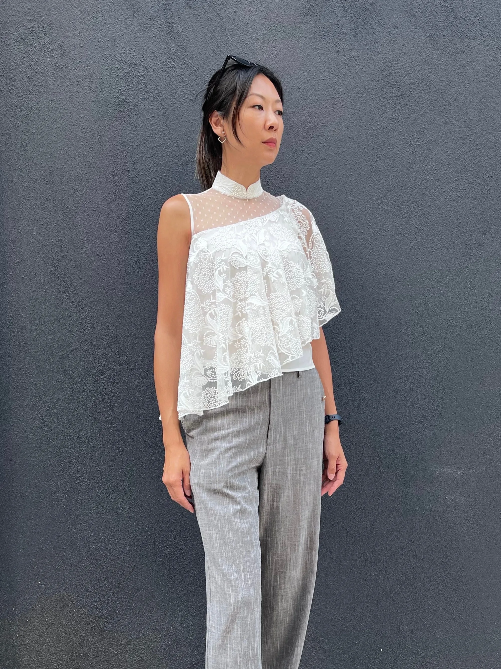 White Embroidered Mesh Drapery Asymmetric Lace Top
