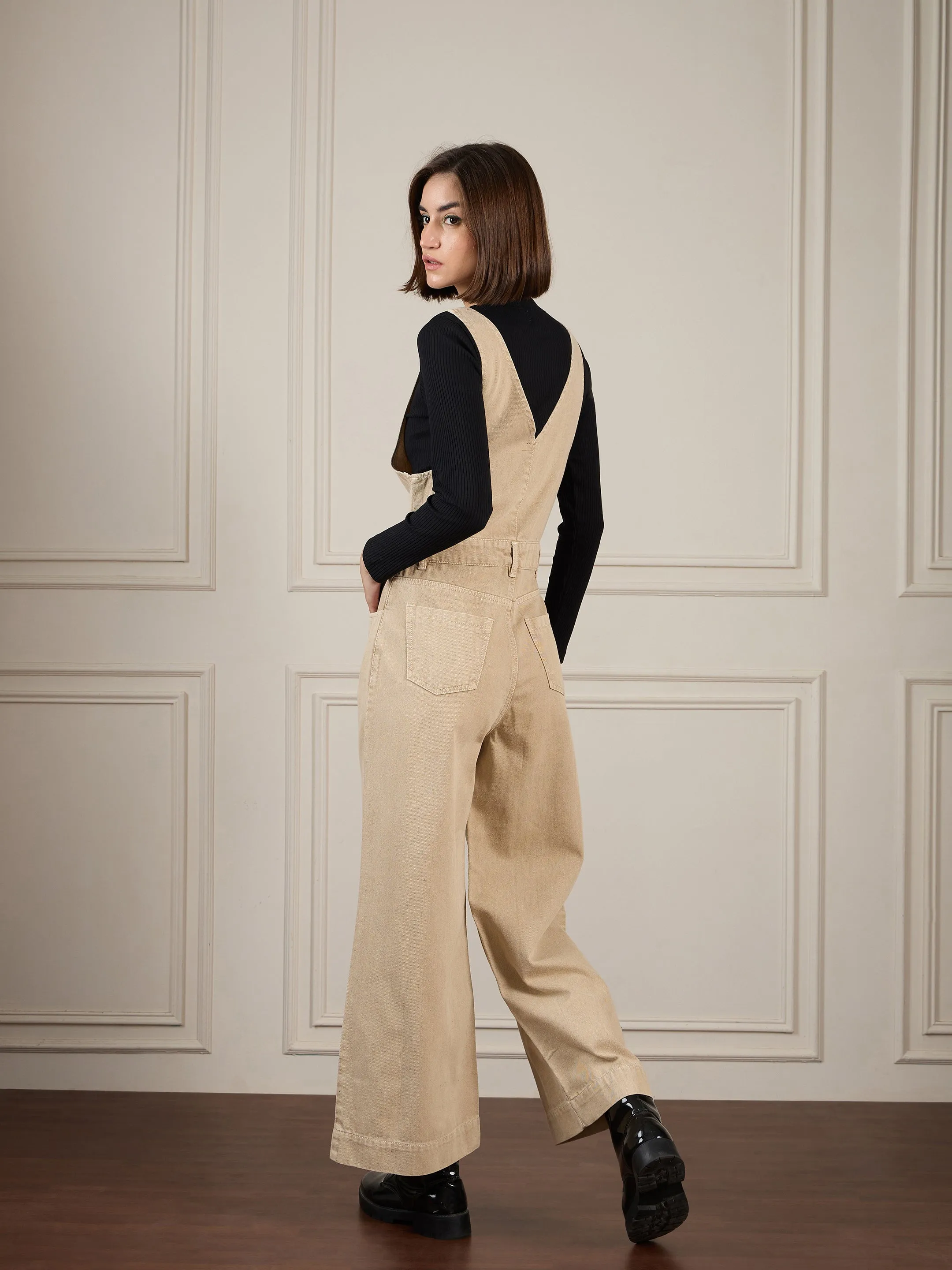 Women Beige Deep V-Neck Denim Flared Leg Jumpsuit