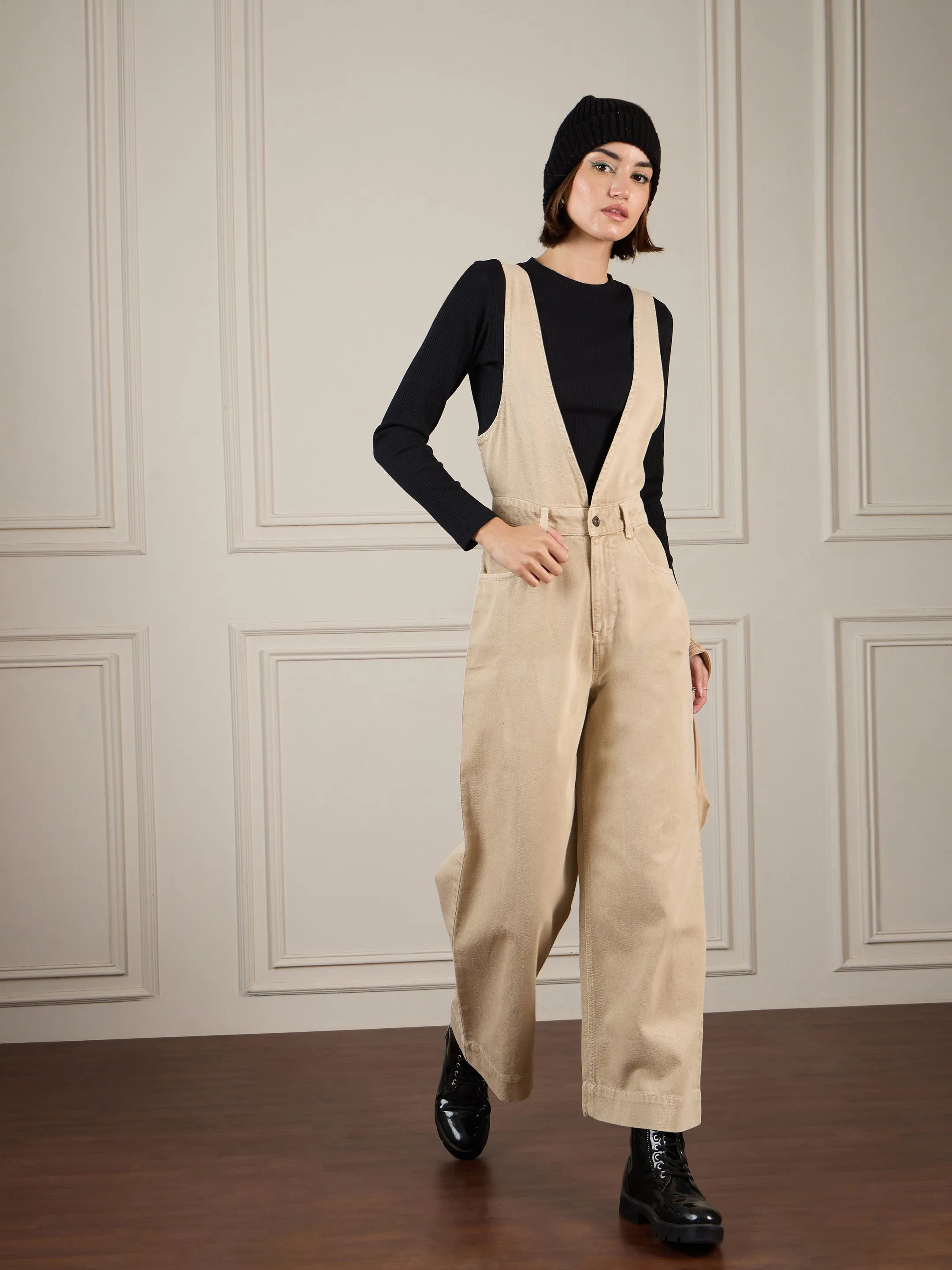 Women Beige Deep V-Neck Denim Flared Leg Jumpsuit