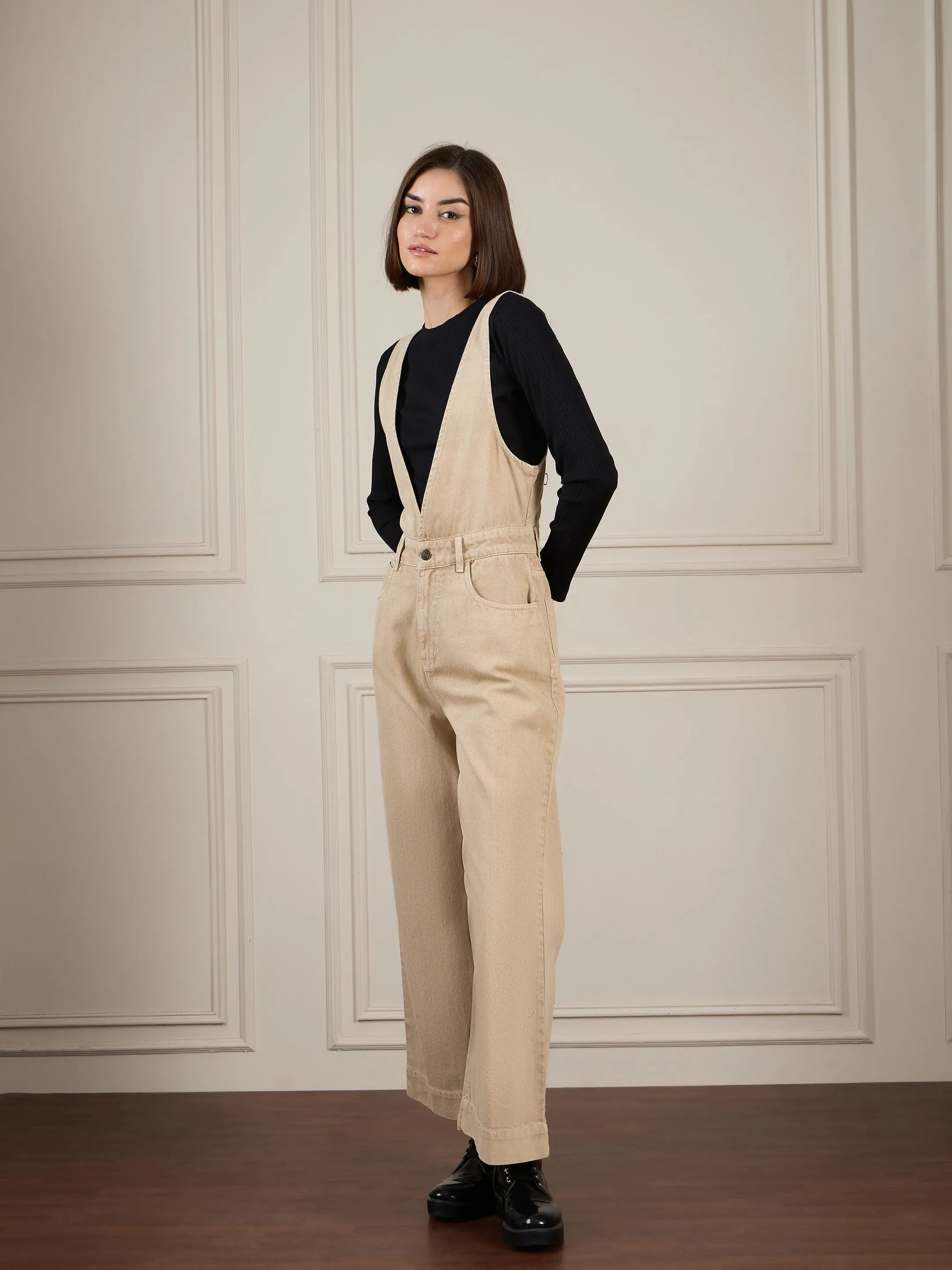 Women Beige Deep V-Neck Denim Flared Leg Jumpsuit
