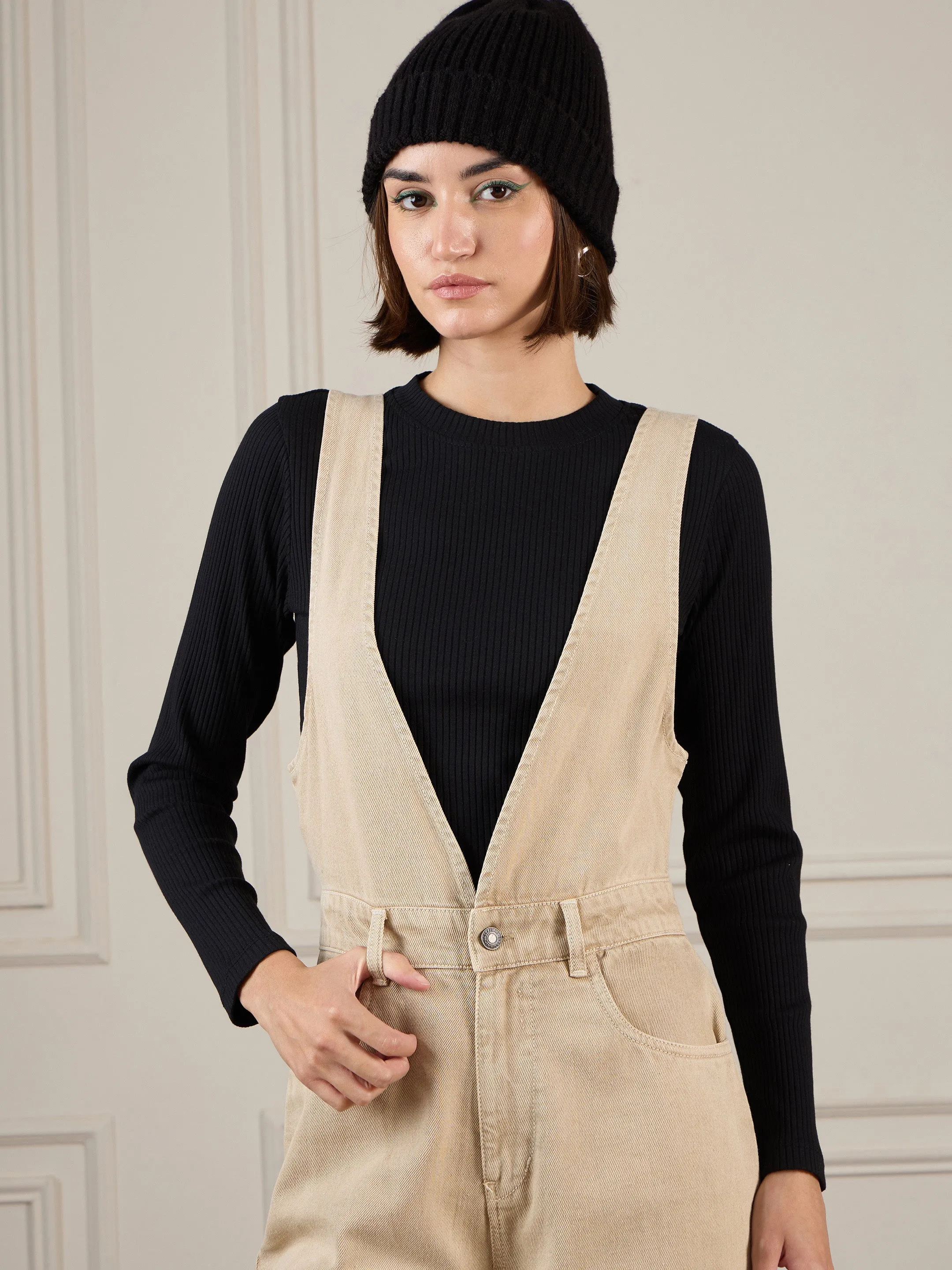 Women Beige Deep V-Neck Denim Flared Leg Jumpsuit