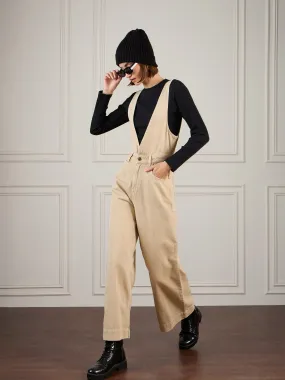 Women Beige Deep V-Neck Denim Flared Leg Jumpsuit