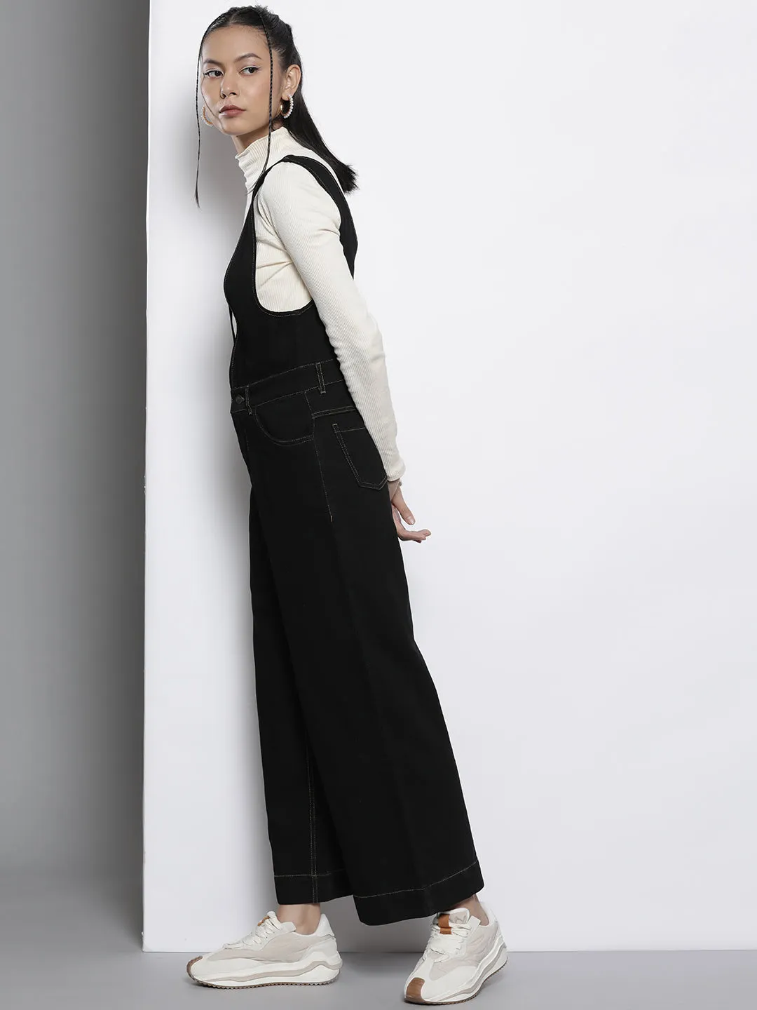 Women Black Deep V-Neck Denim Flared Leg Jumpsuit