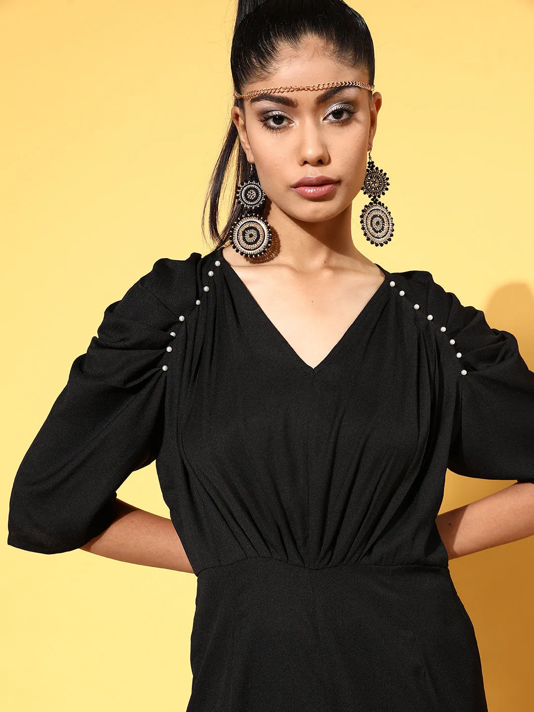 Women Black Pleated Pearl Detail Jumpsuit