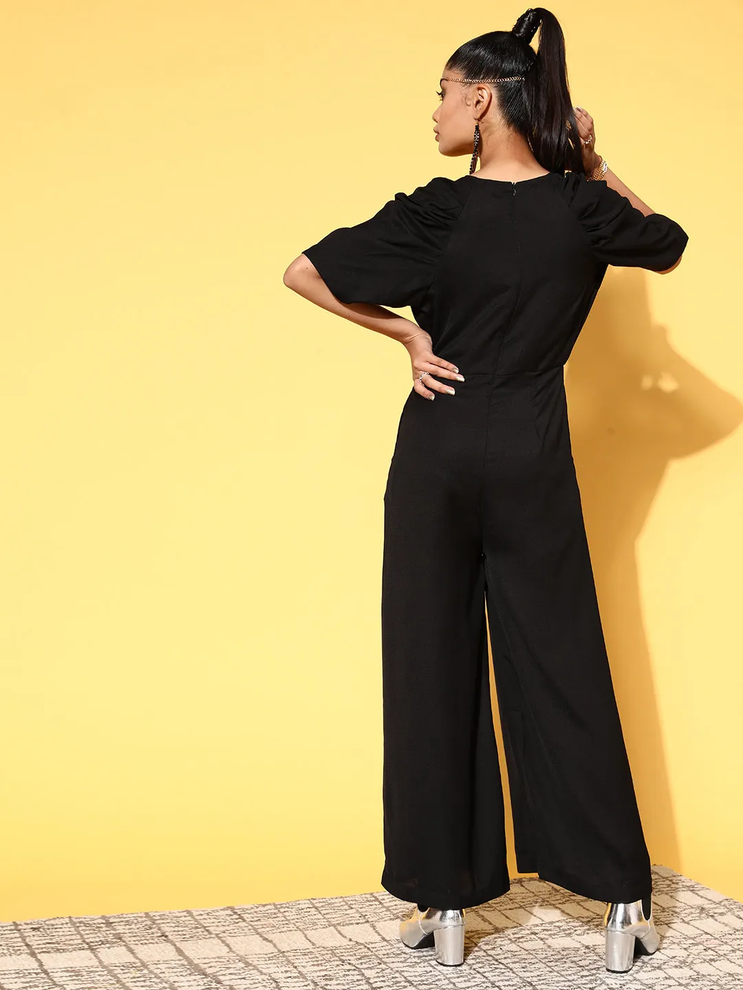 Women Black Pleated Pearl Detail Jumpsuit