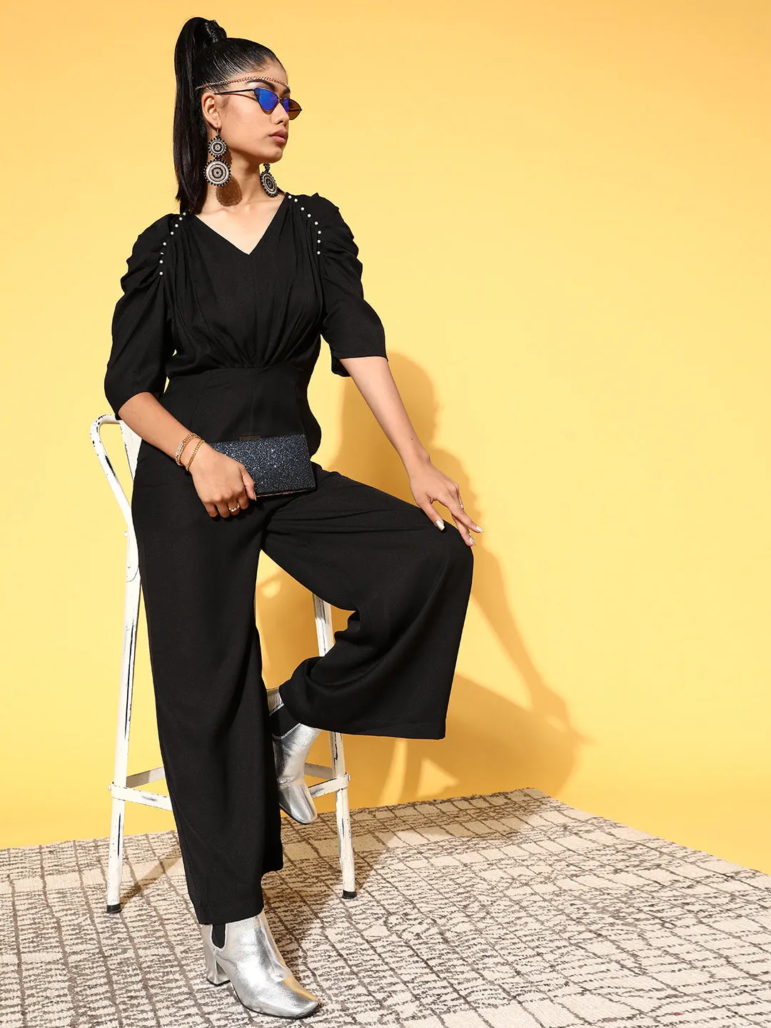 Women Black Pleated Pearl Detail Jumpsuit