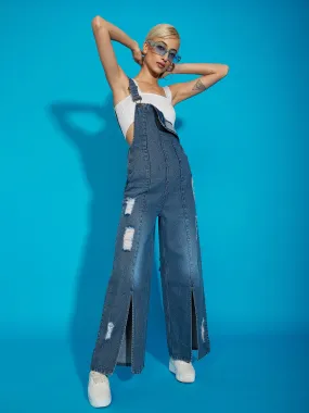 Women Blue Acid Wash Denim Distress Regular Jumpsuit