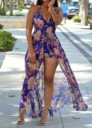 Women Fashion Flower Print Halter Neck Maxi Romper