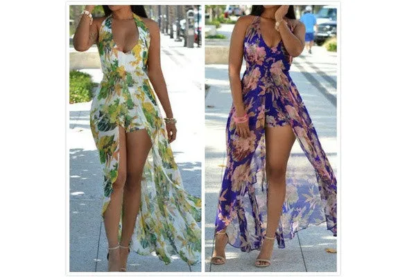 Women Fashion Flower Print Halter Neck Maxi Romper
