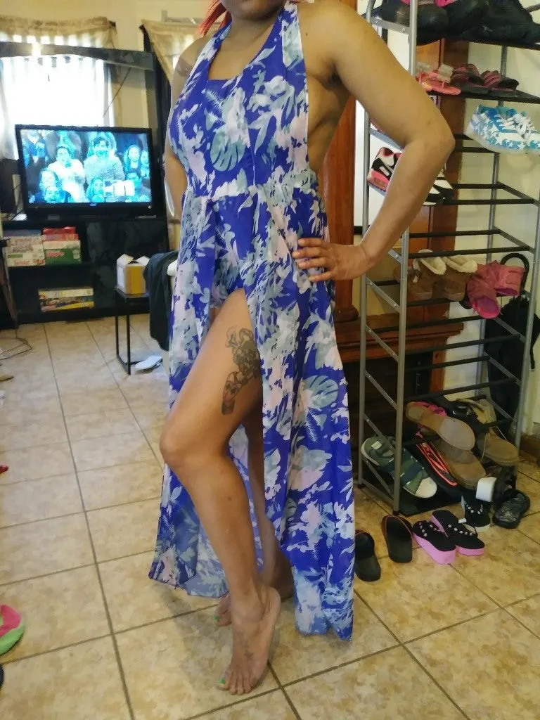 Women Fashion Flower Print Halter Neck Maxi Romper