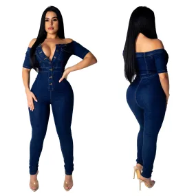 Women Plus Size Bandeau One-Shoulder Slim Jumpsuit Jeans