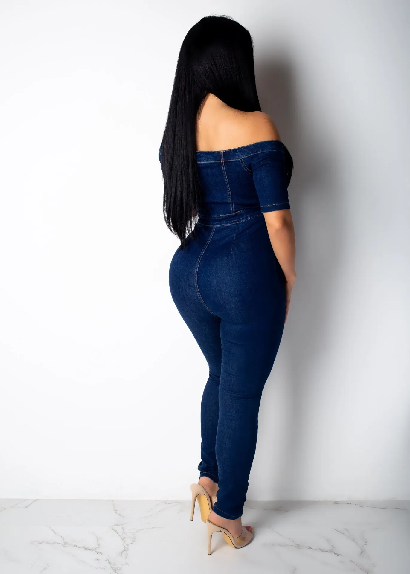 Women Plus Size Bandeau One-Shoulder Slim Jumpsuit Jeans