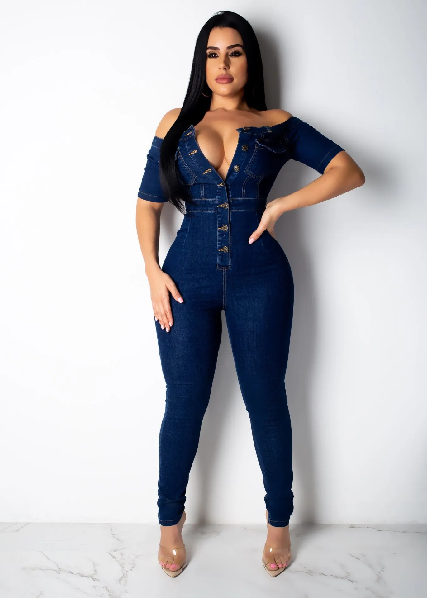 Women Plus Size Bandeau One-Shoulder Slim Jumpsuit Jeans