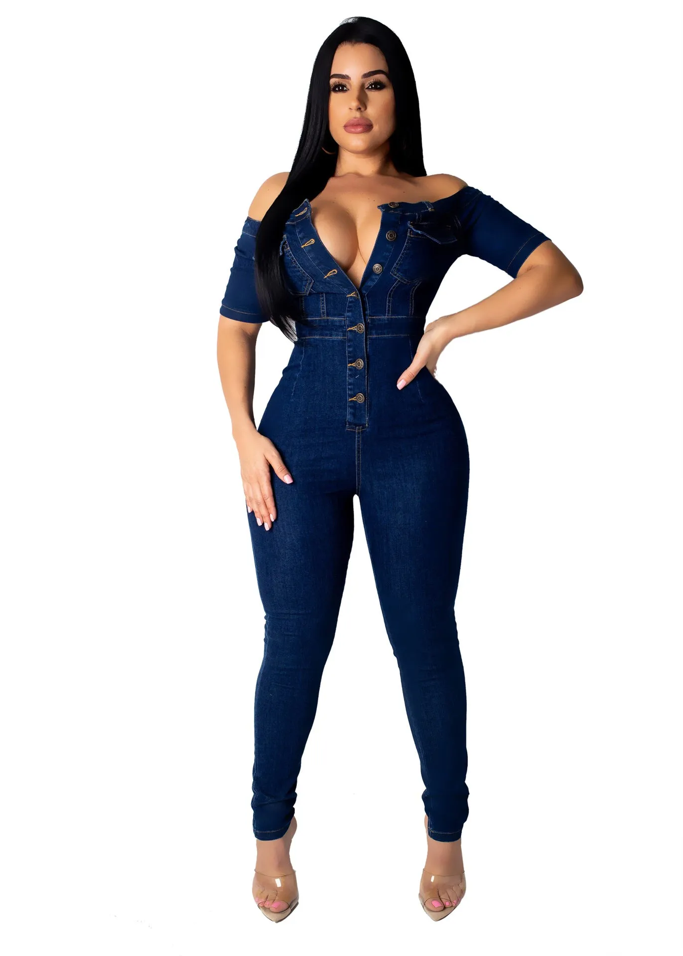 Women Plus Size Bandeau One-Shoulder Slim Jumpsuit Jeans