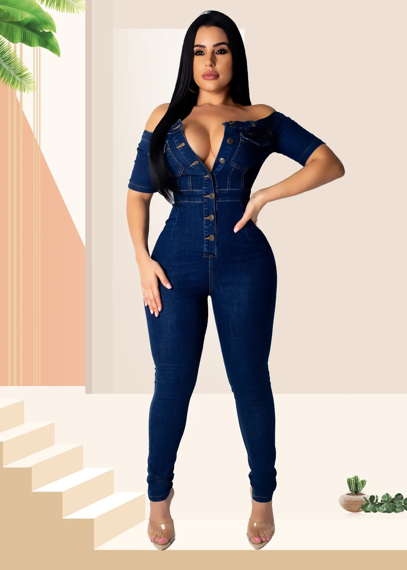 Women Plus Size Bandeau One-Shoulder Slim Jumpsuit Jeans